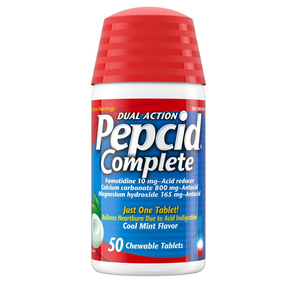 Pepcid Complete Acid Reducer + Antacid for Acid Relux, 10mg Famotidine, 800mg Ασβέστιο Ανθρακικό & 165mg Μαγνήσιο Υδροξείδιο ανά Heartburn Medicine Tablet, Αντιόξινο Μασά, Μέντα, 50 ct