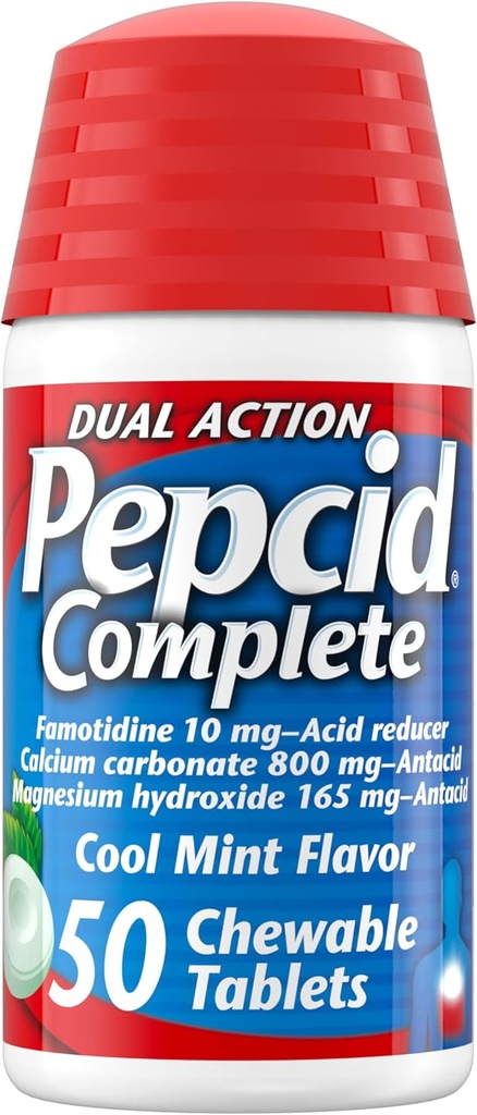 Pepcid Complete Acid Reducer + Antacid for Acid Relux, 10mg Famotidine, 800mg Ασβέστιο Ανθρακικό & 165mg Μαγνήσιο Υδροξείδιο ανά Heartburn Medicine Tablet, Αντιόξινο Μασά, Μέντα, 50 ct