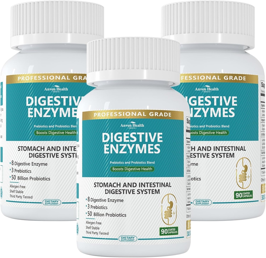Erkekler ve Kadınlar için Probiyotikler & Prebiyotikler, 8 Key Enzymes, Protease, Amylase & Lipase | 270 Capsules - A 90-Day Supply for Bloating & Gas Relief - Non-GMO