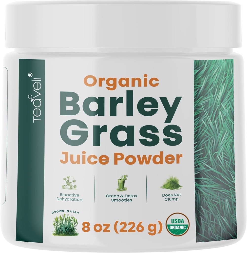Teaveli Organic Barley Grass Juice- Raw, Utah Grown Barley Grass Juices for Detox- Complements Wheatgrass Juice- Made in USA Without Gluten, Wordss or Preservatives- 8 oz (226 Grams)