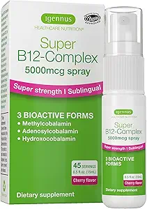 Igennus Triple Vitamin B12 Complex 5000mcg, Υγρό Υπογλώσσιο Σπρέι, 45 Σερβιέτες, Μεθυλοκοβαλαμίνη, Αδενοσυλοκοβαλαμίνη & Υδροξοκοβαλαμίνη, Υψηλή Δύναμη & Καθαρό, Φυσικό άρωμα κεράσι, Vegan