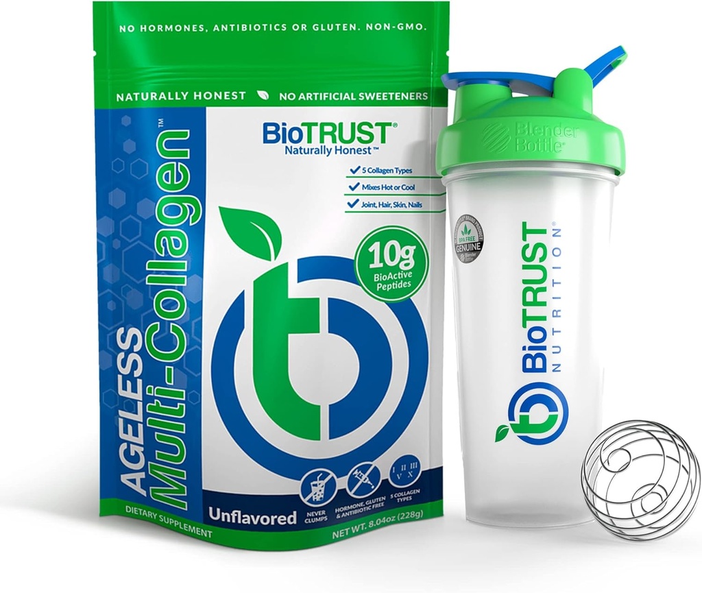 BioTrust Ageless Multi Collagen 5-σε-1 Protein Powder (Άγευστη) BlenderBottle Bundle