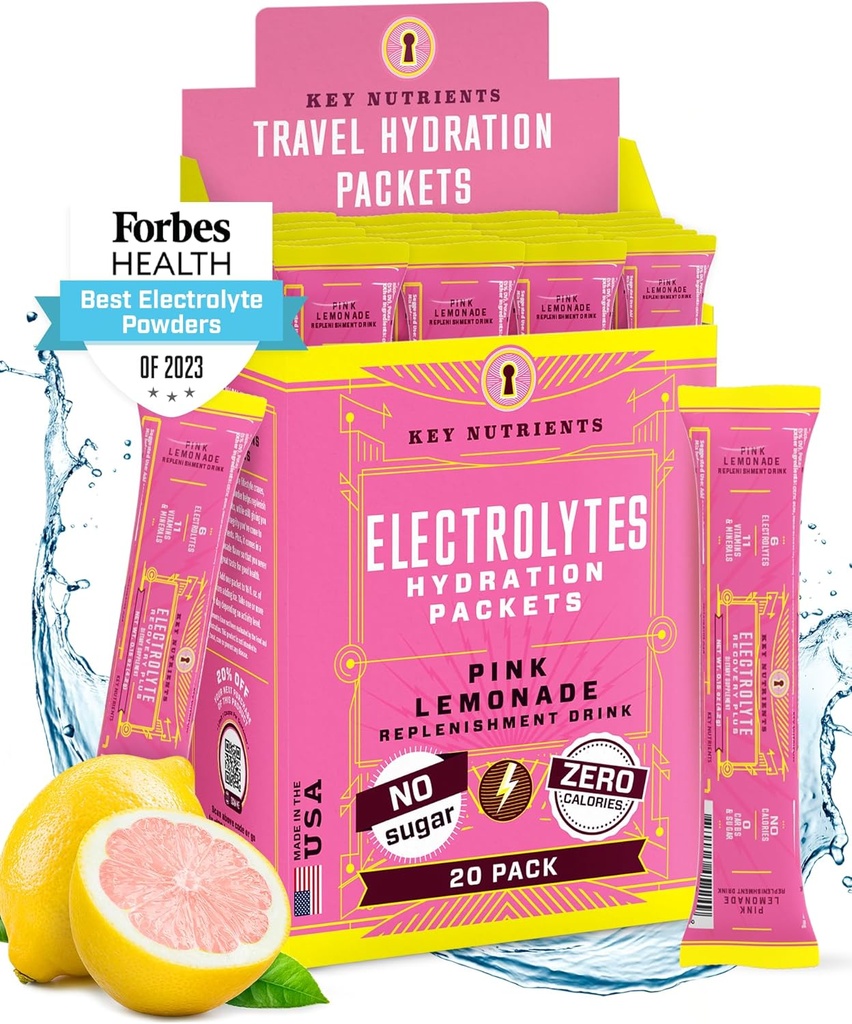 KEY NUTRIENTS Electrolytes Toz Paketleri - Fresh Pink Lemonade 18 Pack Hydration Packets - Travel Hydration Toz - No Sugar, No Calories, Gluten Free - Made in USA