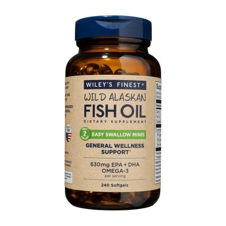 Wiley's Finest Wild Alaskan Fish Oil Easy Swallow Minis - Omega-3 Fish Oil Supplement for Yetişkinler and Kids - Double-Strength 630 mg EPA ve DHA Natural Supplement - 240 Mini Softgels (120 Hizmet)