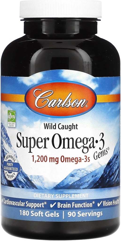 Carlson - Super Omega-3 Gems, 1200 mg Omega-3s, Cardiovascular Support, Brain Function & Vision Health, 180 soft gels
