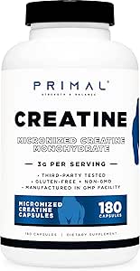 Primal Kretine Monohidrat (3,000 Mg, 180 Caps) - Mikronizedilmiş Kreat Krep, Preworkout and Recovery - Gluten-Free, Non-GMO
