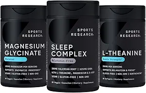 Spor Araştırması Double Strength L-Theanine Supplement Softgels for Focus & Relaxation, Magnezyum Glycinate for Restful Sleep & Enzymatic Processes + Sleep Complex Melatonin-Free Vegan Capsules