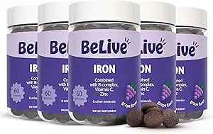 Canlı Demir Gummies - Vitamin C, A, B & çinko ile Multivitamin Demir Supplement, Kan Oksijeni, Kadınlar için Vegan Supplements, Men & Kids for Growth and Development - Grape Flavor | 5-Pack