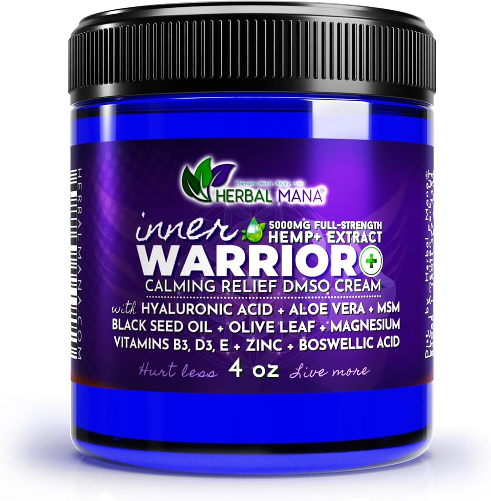 Herbal Mana İç Savaşçısı Krem, 5000 mg Hemp,% 99.9 Pure DMSO, Nerve Calming, Muscle Relief - Organik Magnezyum, MSM, Lavender & Rose Oil Oil Oil