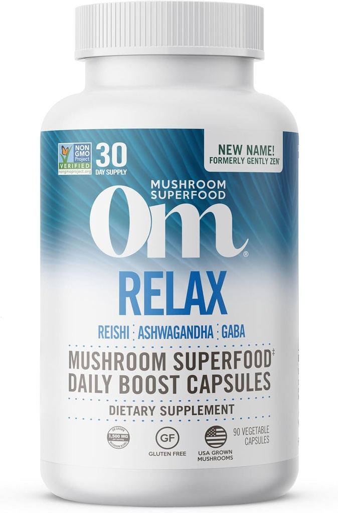 OM MUSHROOM SFOOD Relax Mushroom Capsules, 90 Kont, 30 Gün, Reishi Mushrooms, Ashwagandha, GABA, L-Theanine, Magnezyum, Adaptogens for Stress Support (Formerly Gally Zen, Ambalaj Vary)