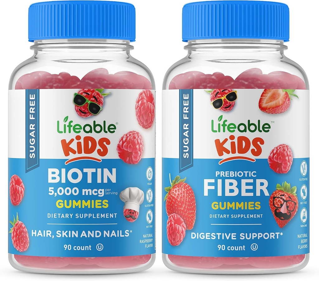 Ζώσιμα παιδιά χωρίς ζάχαρη Biotin + παιδιά Preciotic Fiber, Gummys Bundle - μεγάλη γεύση, συμπλήρωμα βιταμίνης, χωρίς γλουτένη, GMO δωρεάν, μασώμενη κοιλιά