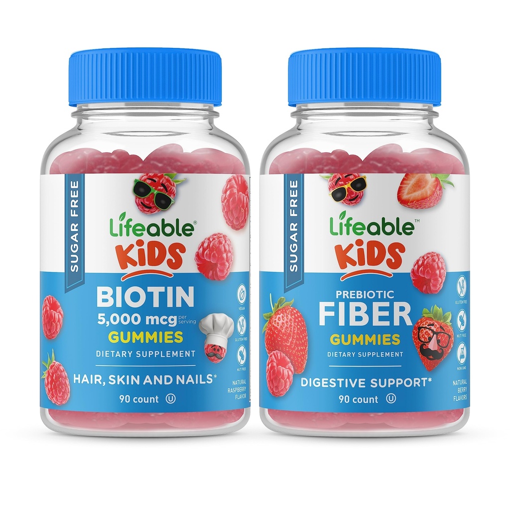 Lifeable Sugar Free Biotin Kids + Preciotic Fiber Kids, Gummies Sche - Great Tasting, Vitamin Supplement, Gluten Free, GMO Free, Chewable Gummy