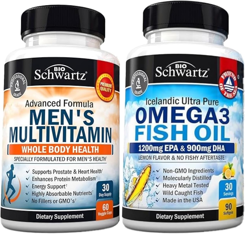Advanced Daily Men's Multivitamin with Vitamin C A B D3 E ve çinko (1 ay Supply) Plus Triple Strength Omega 3 Fish Oil Softgels (1 Ay Supply)