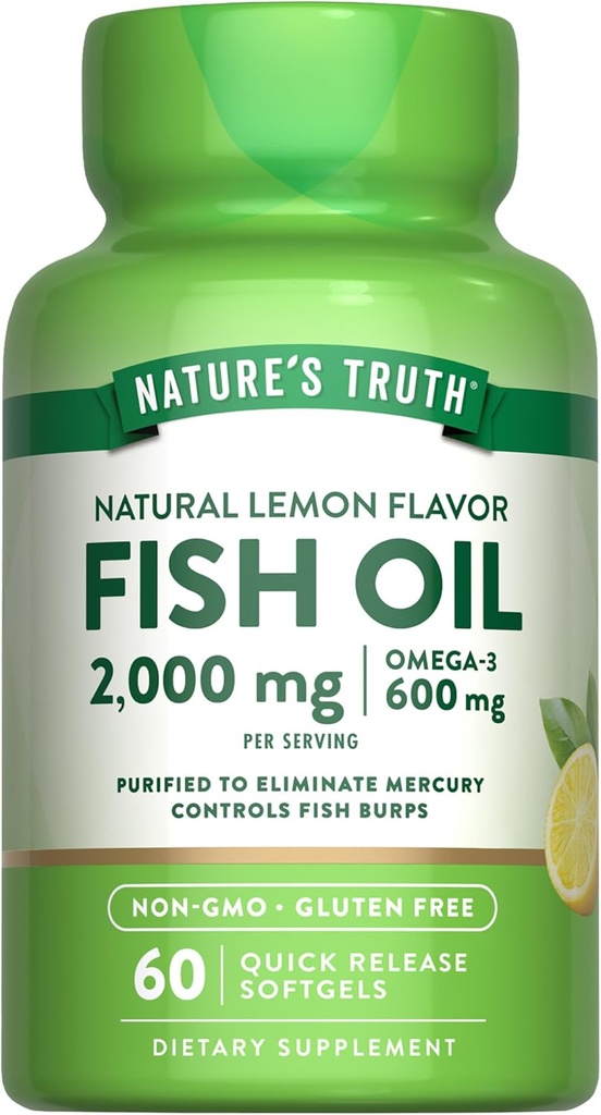Nature's Truth Fish Oil Omega 3 Supplement | 2000 mg | 60 Softgels | EPA & DHA | Lemon Flavor | Non-GMO ve Gluten Free