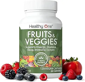 Healthy One Fruits & Veggies - 27 Balanced Whole Foods of Nature - Vitamins - Minerals - Antioxidants - Detox - Vegetables - Kale - Broccoli - Spinach - Beets - Raspberries - Multivitamin - 60 Serving