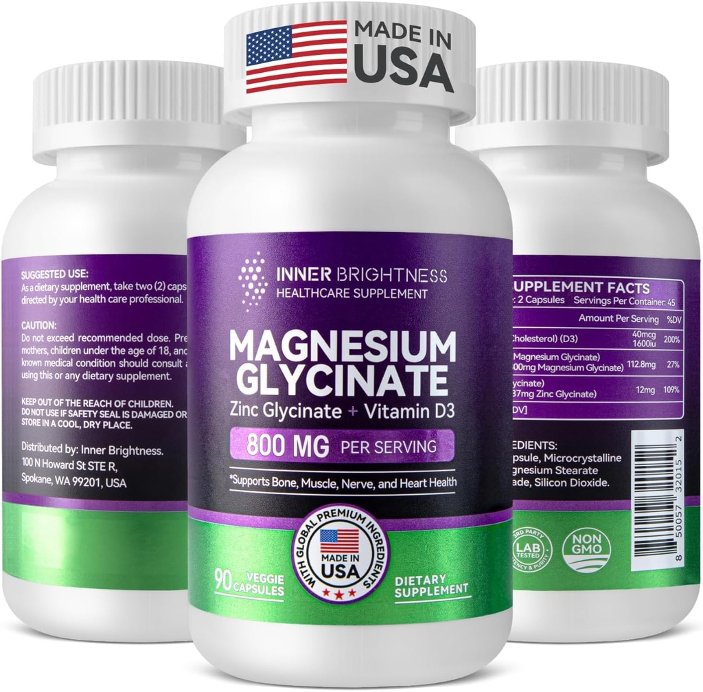 Magnezyum Glycinate - Magnezyum Supplement with çinko & Vitamin D3 for Immune, Bone & Muscle Support and Heart Health - Non-GMO, Gluten-Free, Gentle on Stomach - 90 Vegetarian Capsules