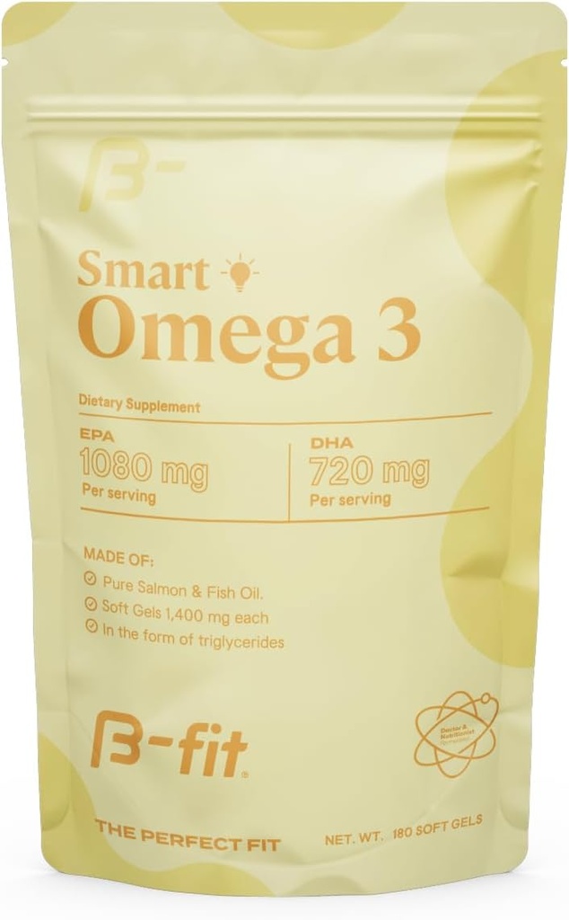 B-FIT Omega 3 Fish Oil - Υψηλής ισχύος πατενταρισμένο Formula - 1800 mg με 1080 mg EPA & 720 mg DHA - 180 Odorless Softgels από το νορβηγικό σολομό - 60-Day Supply - Heart, Brain & Joint support