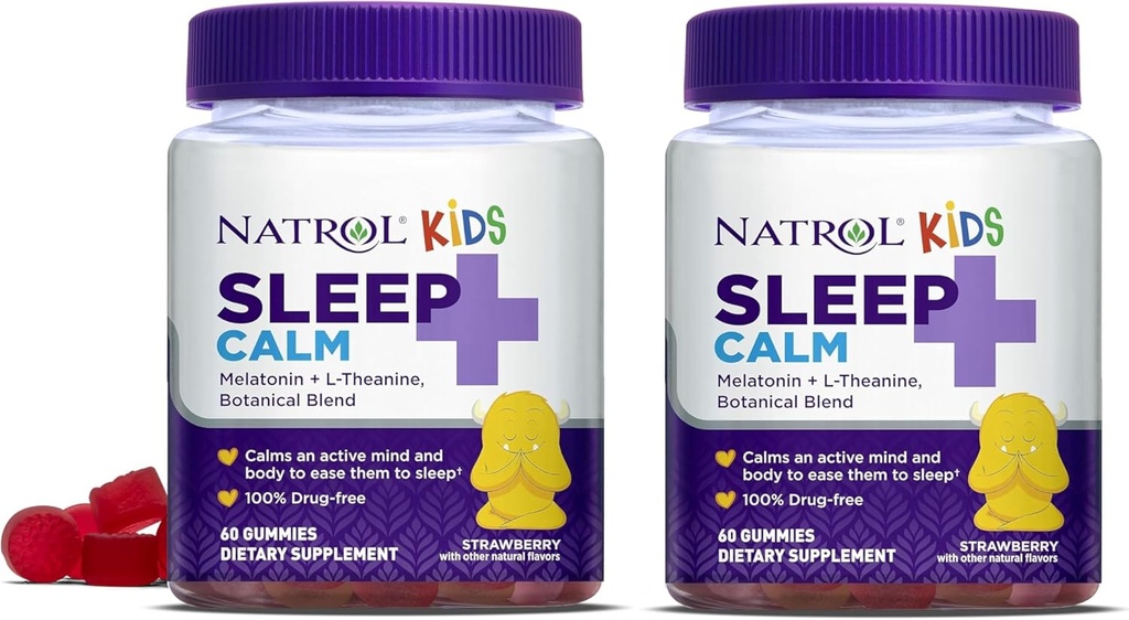 Natrol Kids Sleep+ Calm, Melatonin ve L-Theanine, Sleep Aid Gummies with Botancial Blends, 100% Drug-Free, 60 (Pack of 2)