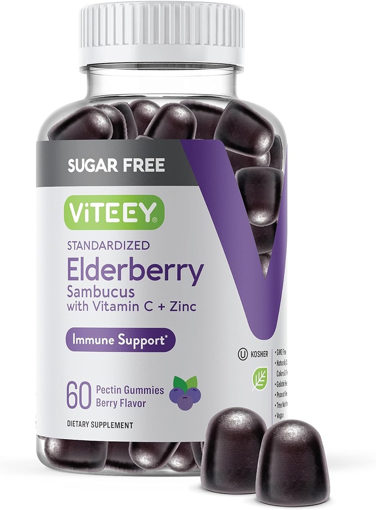 VITEEY Sambucus Elderberry Gummies for Yetişkinler & Gençler + çinko & Vitamin C - Sugar Free - Immune Support & ATM Herbal Supplement - Vegan, Gluten Free, Gelatin Free, GMO Free, Chewable Berry Flavored