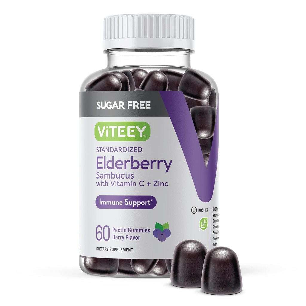 VITEEY Sambucus Elderberry Gummies for Yetişkinler & Gençler + çinko & Vitamin C - Sugar Free - Immune Support & ATM Herbal Supplement - Vegan, Gluten Free, Gelatin Free, GMO Free, Chewable Berry Flavored
