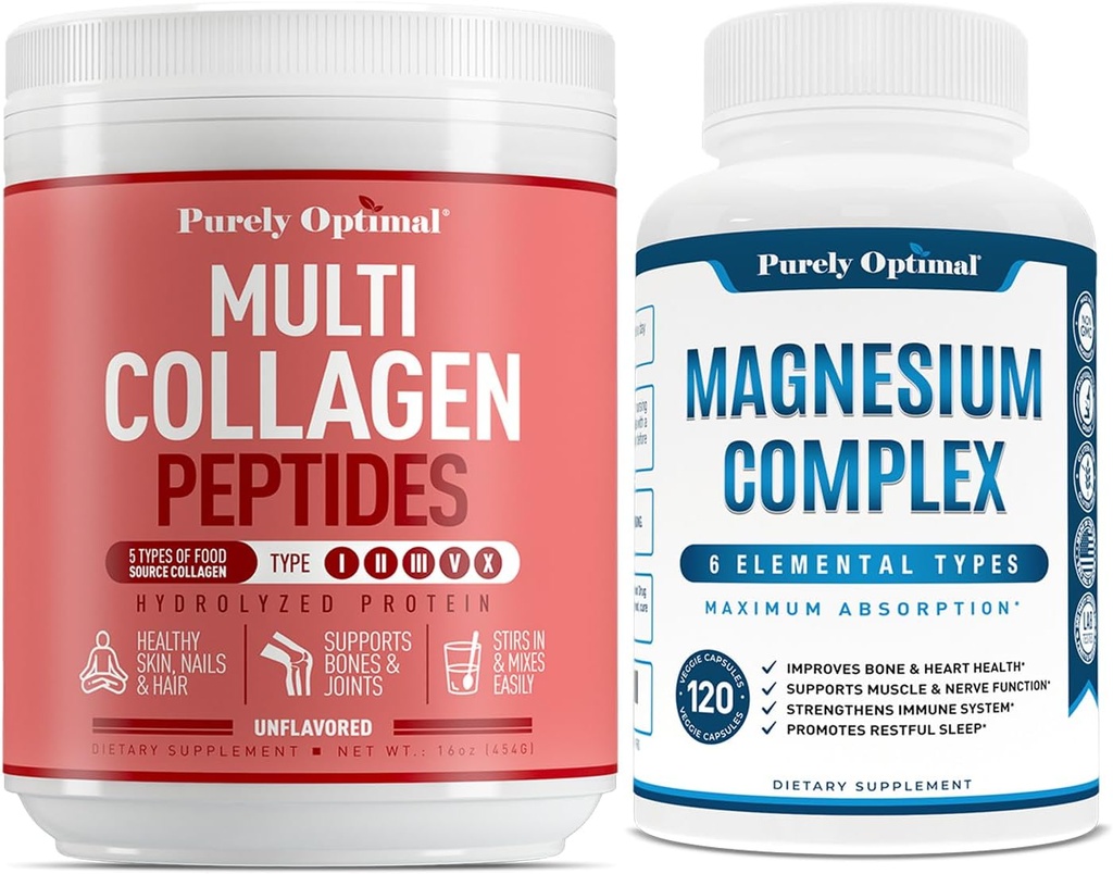 Purely Optimal Premium Multi Collagen Powder + Premium Magnesium Complex - Magnesium Citrate, Malate, Muscle Relaxation - 120 caps