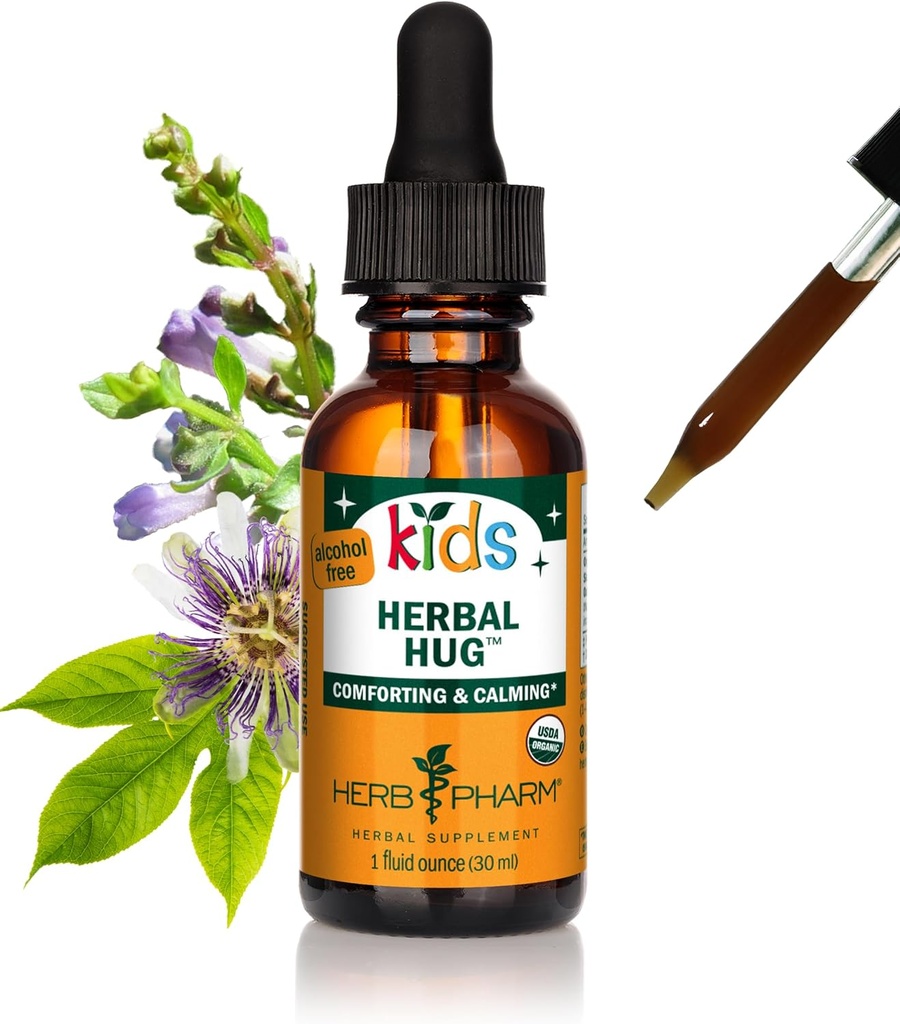 Herbm Phar Organic Kids Herbal Hug: Nervous System Support with Skullcap, Passionflower, Mullein & Oat Seed | Fast-Absorbing & Alkol-Free, Kid-Friendly Taste, Kids, 1 oz*