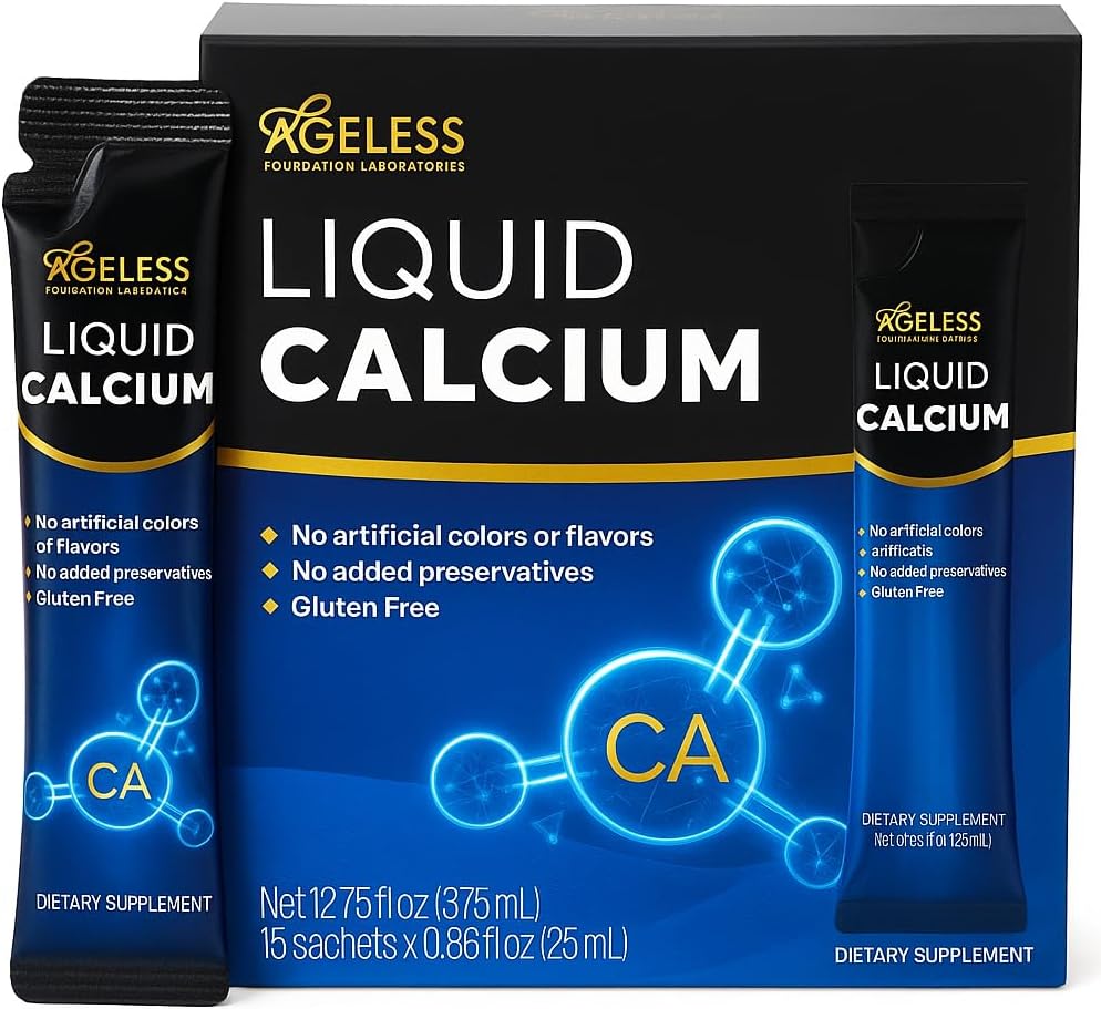 Ageless Liquid Calcium Supplement for Women & Men with Sea Bass Extract and Vitamin D8 - Συμπληρώματα Οστικής Δύναμης Υψηλής Απορρόφησης, Φυσικής Γεύσης, Χωρίς Γλουτένη - 25 ml (15 Count)