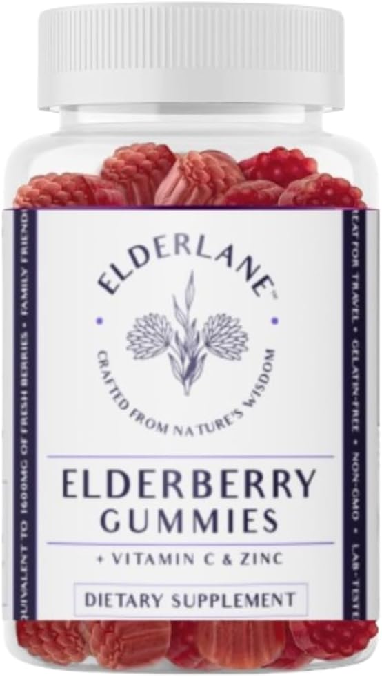 Elderlane Elderberry Gummies for Yetişkinler and Kids - Immune Support - Non-GMO, Vegan, Gluten-Free, Gelatin-Free - 60ct, 100 mg