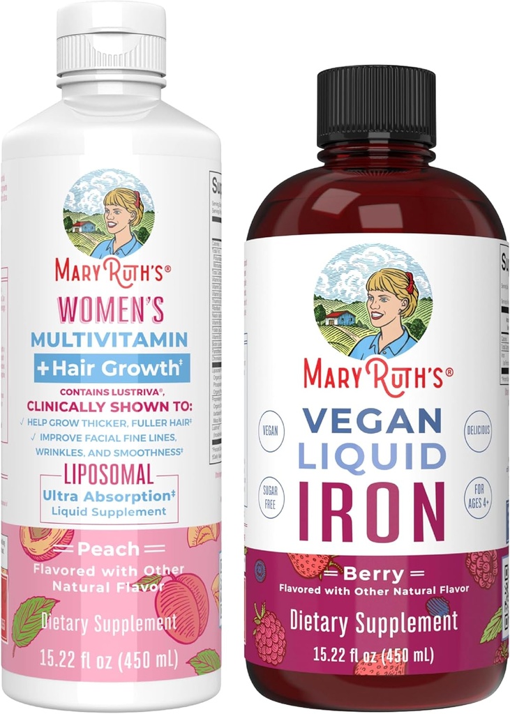 MaryRuth's Women's Multivitamin + Hair Growth Liposomal (Peach) & Iron Liquid (Berry) 