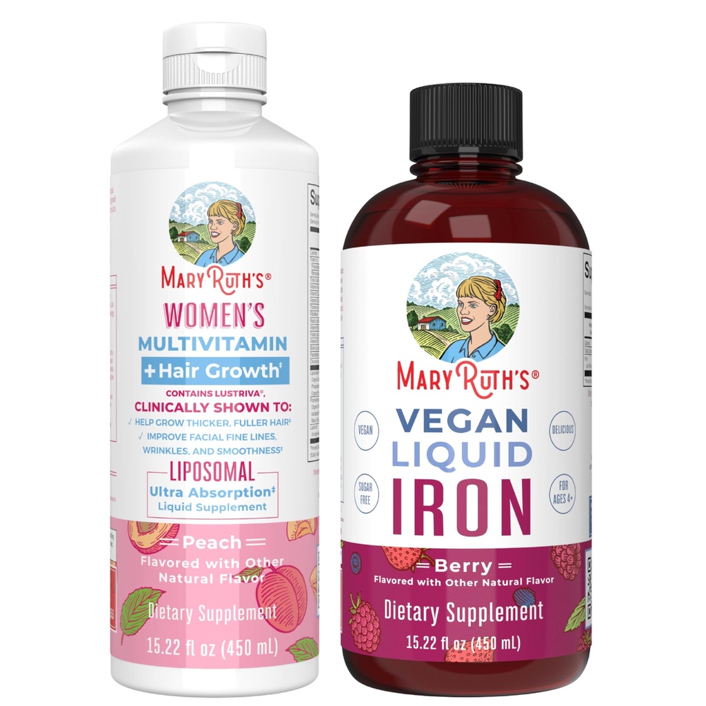 MaryRuth's Women's Multivitamin + Saç Büyüme Liposomal (Peach) & Iron Liquid (Berry) | Clean Label Project  Valid® | Supplements for Beauty, Immunity, & General Health | Vegan, Non-GMO, Gluten-Free