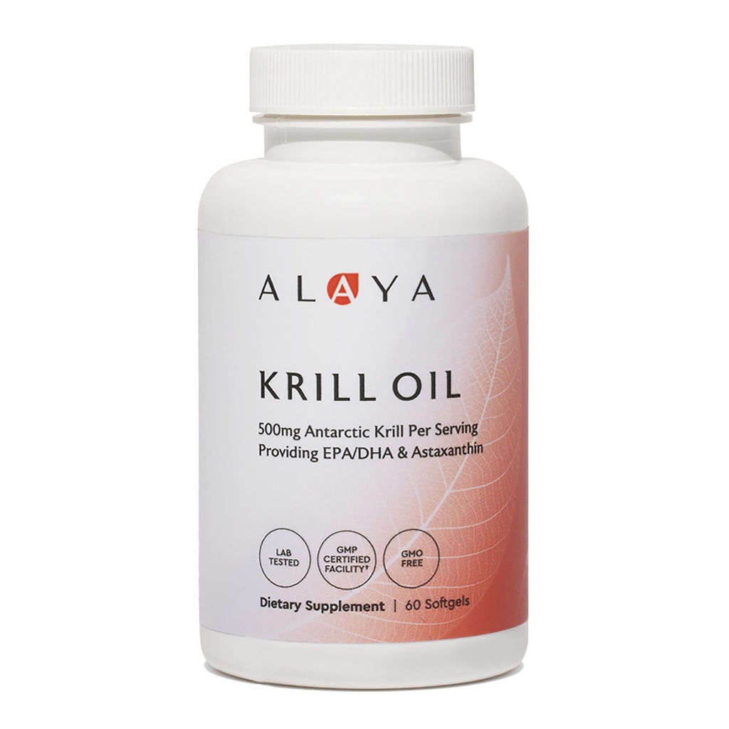 Alaya Naturals - Antarktika Krill Oil 500mg Supplement with Phospholipids, EPA/DHA Omega 3 & Astaxanthin - Non-GMO - PCB Tested Krill Oil - 60 Softgels