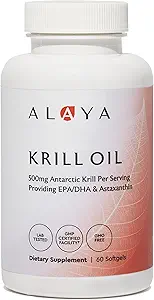 Alaya Naturals - Antarctic Krill Oil 500mg Supplement with Phospholipids, EPA/DHA Omega 3 & Astaxanthin - Non-GMO - PCB Tested Krill Oil - 60 Softgels