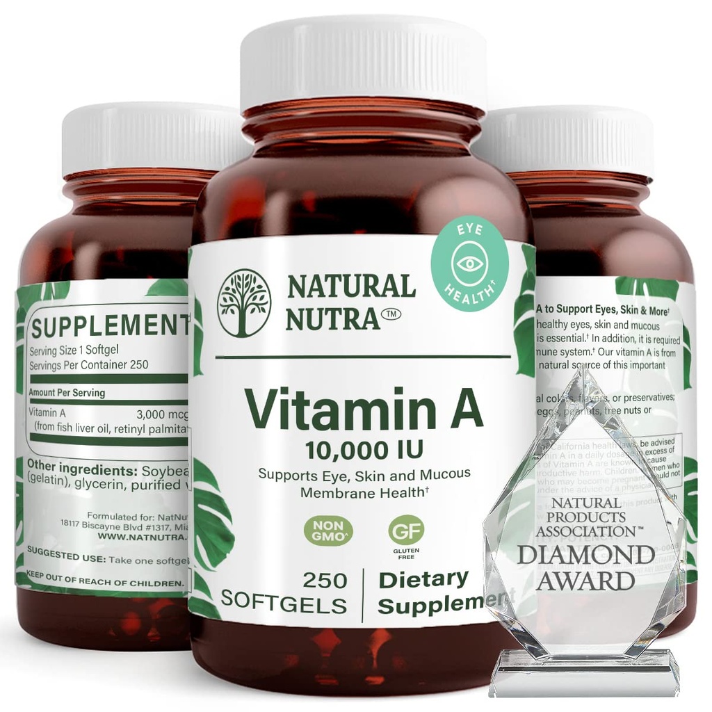 Natural Nutra Vitamin A 10. 000 IU Softgels – Υψηλής ισχύος Βιταμίνες ματιών και δέρματος – Χωρίς γλουτένη Βιταμίνη Α συμπλήρωμα για την όραση και την υγεία του δέρματος – Λάδι από συκώτι ψαριών για άνδρες και γυναίκες, χωρίς γλουτένη, 250 Softgels