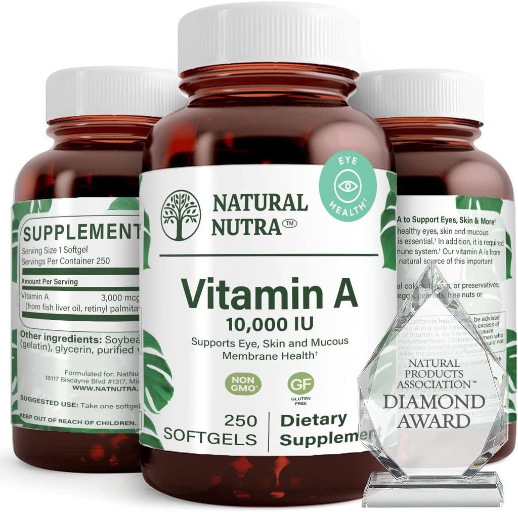 Natural Nutra Vitamin A 10. 000 IU Softgels – Υψηλής ισχύος Βιταμίνες ματιών και δέρματος – Χωρίς γλουτένη Βιταμίνη Α συμπλήρωμα για την όραση και την υγεία του δέρματος – Λάδι από συκώτι ψαριών για άνδρες και γυναίκες, χωρίς γλουτένη, 250 Softgels