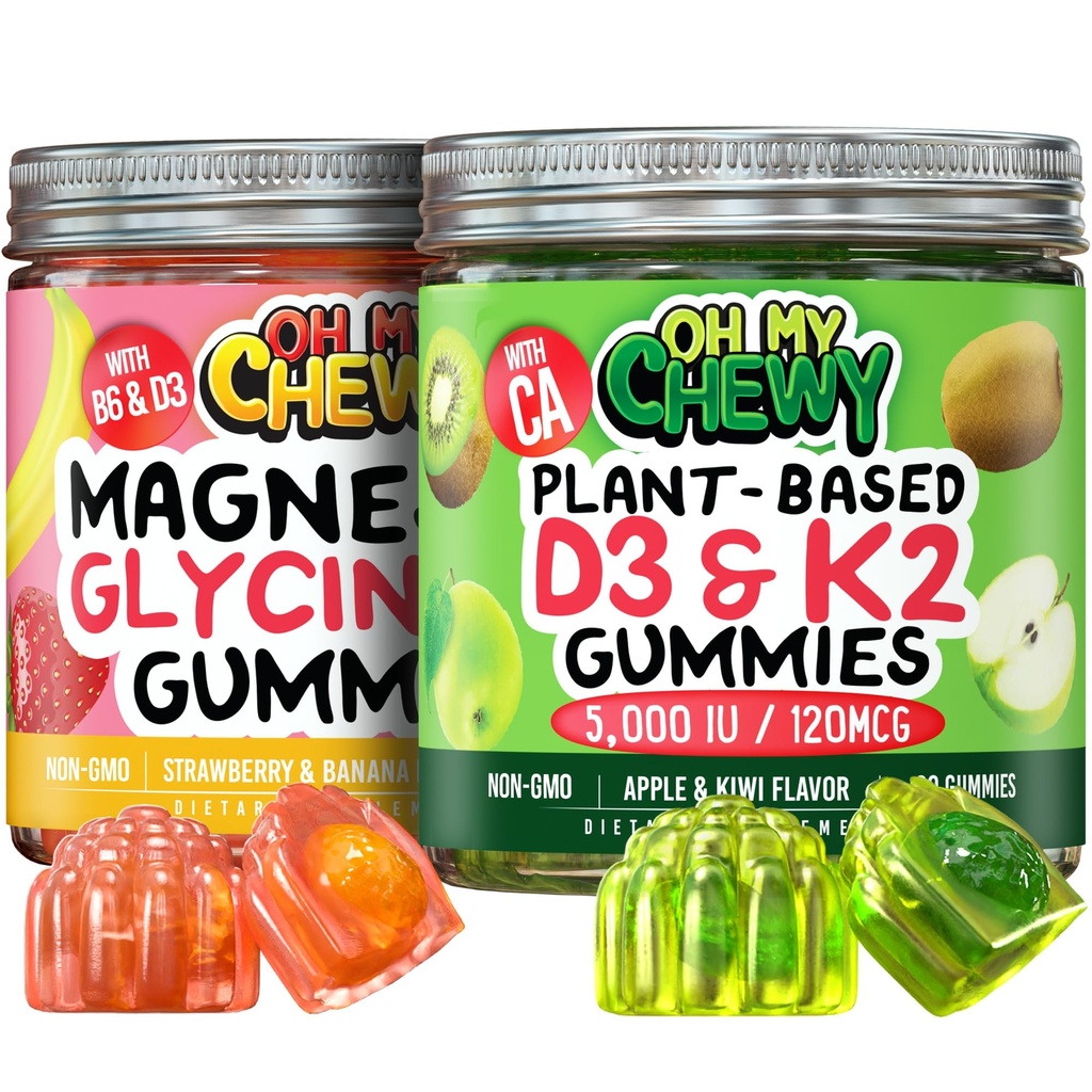 Magnezyum + D3K2 Gummies Sche – 2 Şişe (60 Her) – Strawberry Banana & Apple Kiwiwi