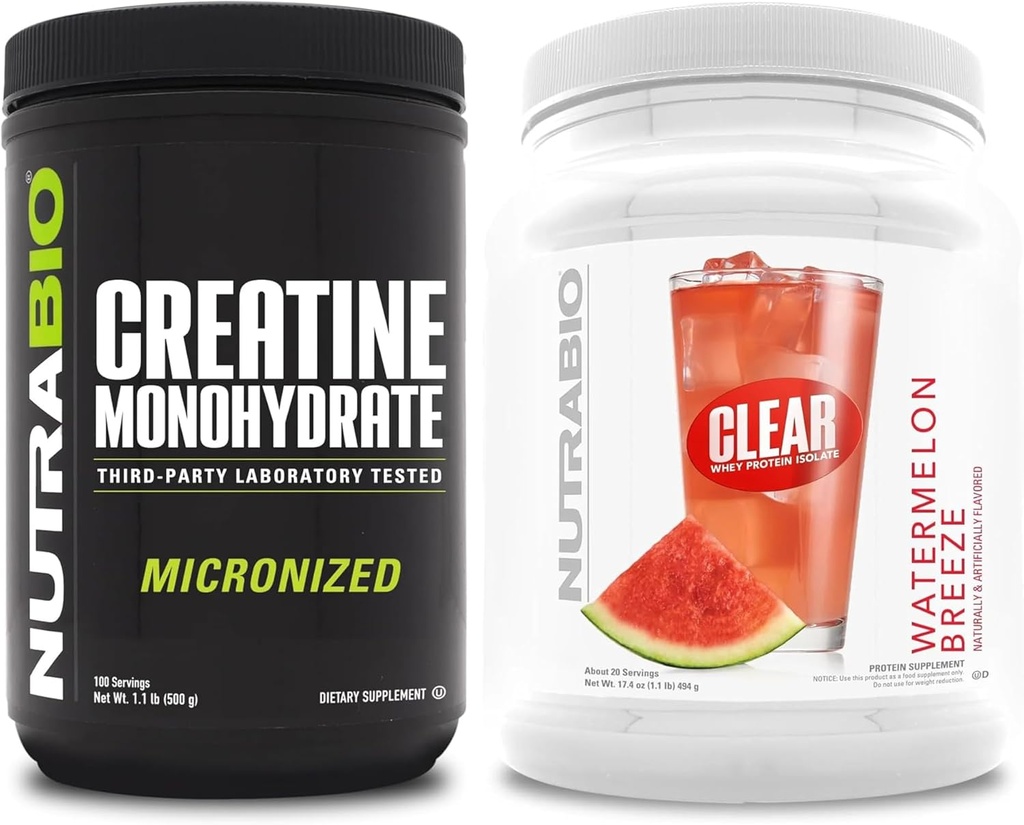 NutraBio Kretine Monohidrat, Unflavored, (500 g) ve Clear Whey Protein Isolate, (Watermelon Breeze) Tamam Sche – Kas Enerji, maksimum Büyüme, Kurtarma ve Güçlü