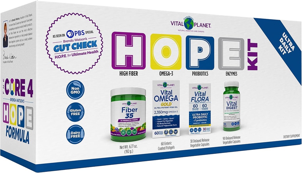 Vital Planet – Gut Check Hope Formula Kit by Brenda Watson - 4 Product Package with Ultra Daily Probiotic 30 Cap, Fiber 35 Powder 6,7oz, Vital Omega Oil 60 Softgels, and Digestive Enzyme 90 Cap