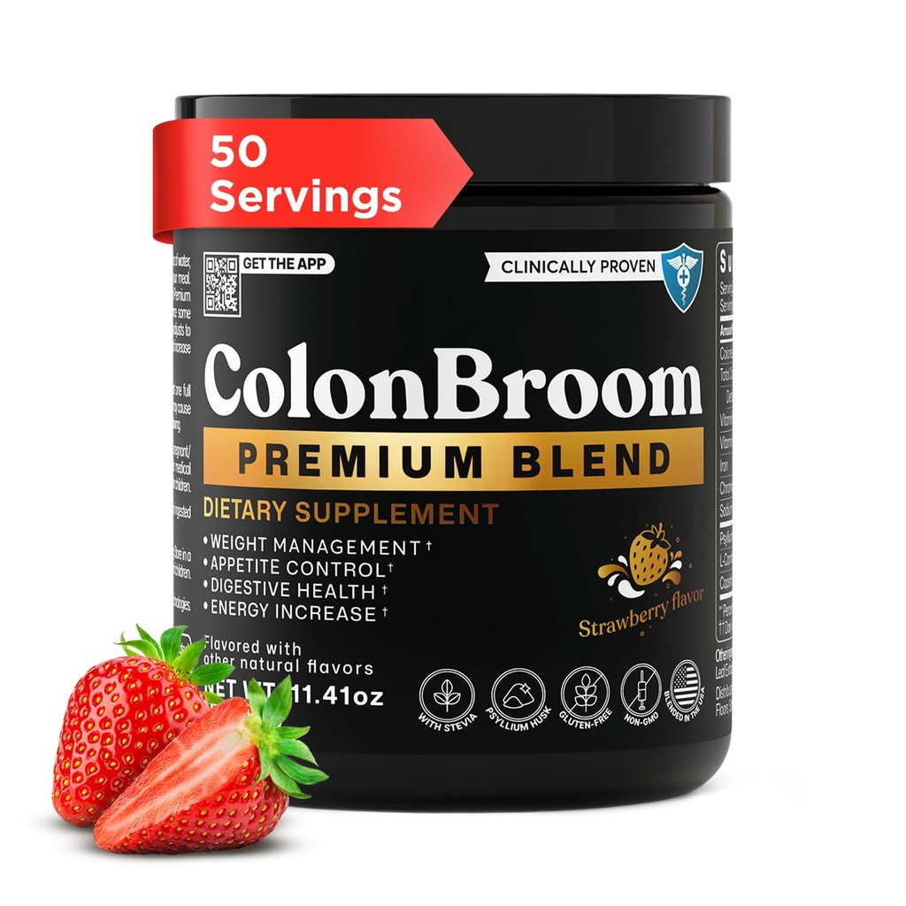 KolonBroom Premium Toz Supplement (Strawberry) - Kolon Broom Psyllium Husk Fiber Toz İç - Gluten Ücretsiz, Non-GMO Koloni Bloating Relief & Gut Health için Temiz, 50 Hizmet
