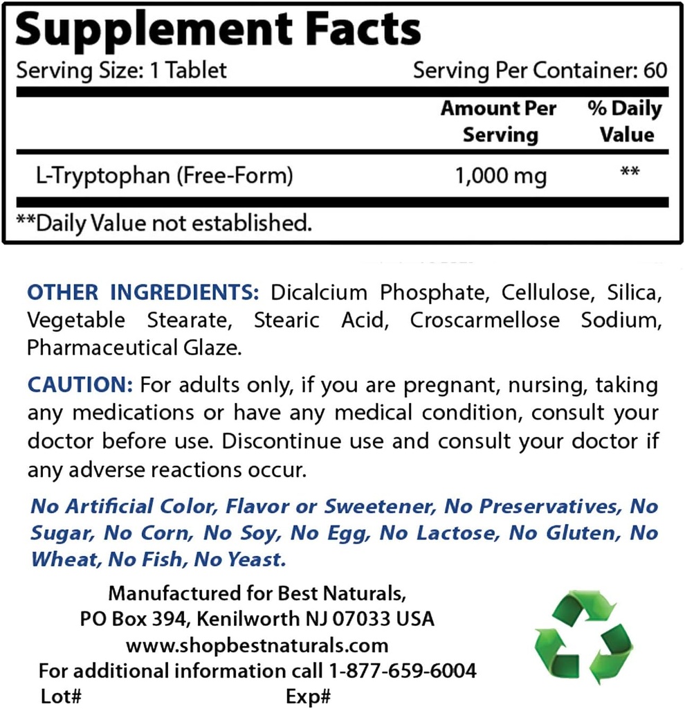 Best Naturals L-Τρυπτοφάνη 1000 mg & L-Θεανίνη 200mg