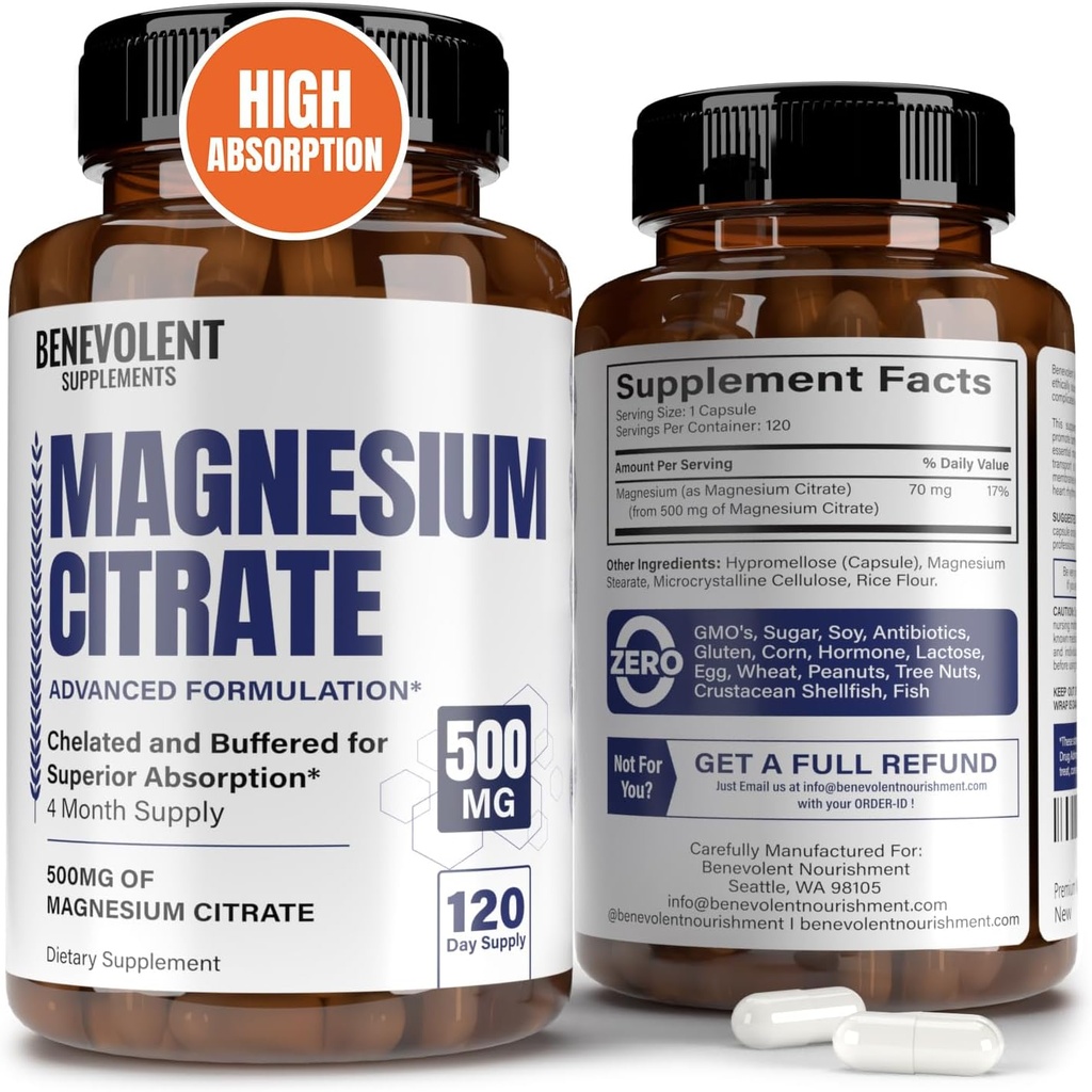 Premium Magnezyum Citrate 500 mg Capsules (Citrato de Magnesio) Yüksek Abpsiyon Formula Chelated Buffered Citrate to Support Digestion, Bone, Sleep & Muscle Health - 120 Capsules