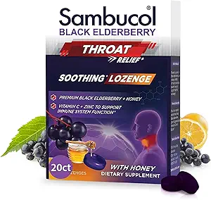 Sambucol Black Elderberry Throat Lozenges - Σταγόνες Βήχας για Ενήλικες, Elderberry Zinc Lozenges Throat, Elderberry Lozenges - 20 Count