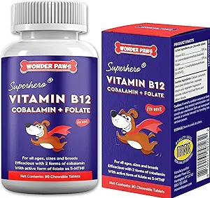 Wonder Paws B12 Supplement for Dogs – Vitamin B-12 for All Ages, Dimensions & Breeds - Köpekler için Üstün Mekrat, Cobalamin & Folate (5-MT) – 90 sığır Flavored Chewables