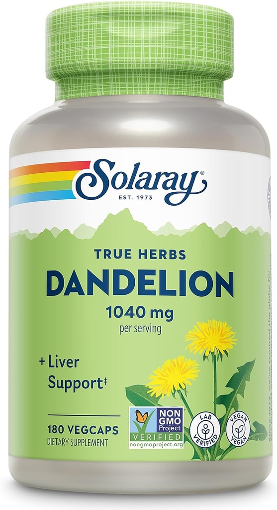 SOLARAY Dandelion Root Supplement - Sağlıklı Kidney ve Liver Desteği - Servis başına 1.040 mg - Vegan, Lab Onaylandı, 60 Günlük Garanti - 90 Hizmet, 180 VegCaps