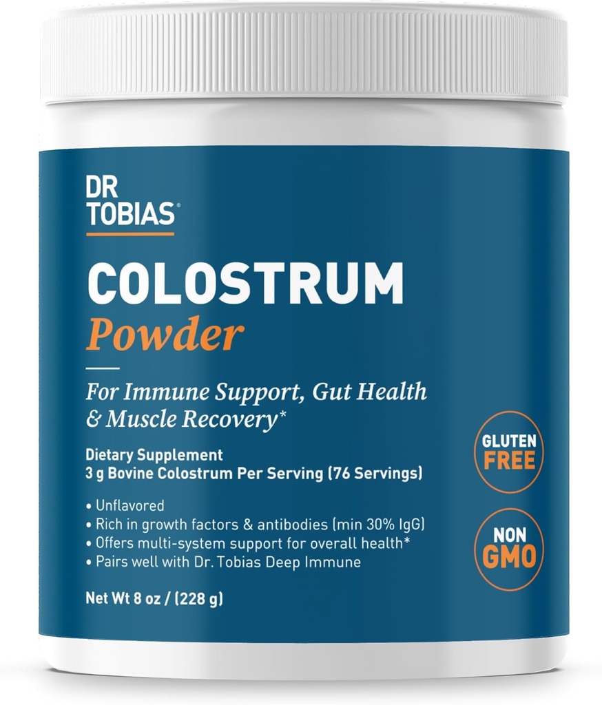 Dr. Tobias Colostrum Toz, Premium Bovine Colostrum Supplement for Immune Support, Gut Health & Muscle Recovery, 3g Per Service, Minimum% 30 IgG, Unflavored, 8 oz, 76 Servisler
