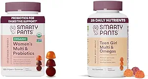 SmartyPants Organic Women's and Teen Girl Multivitamin Gummies with Omega-3, Vitamins, Minerals, 120 Kont