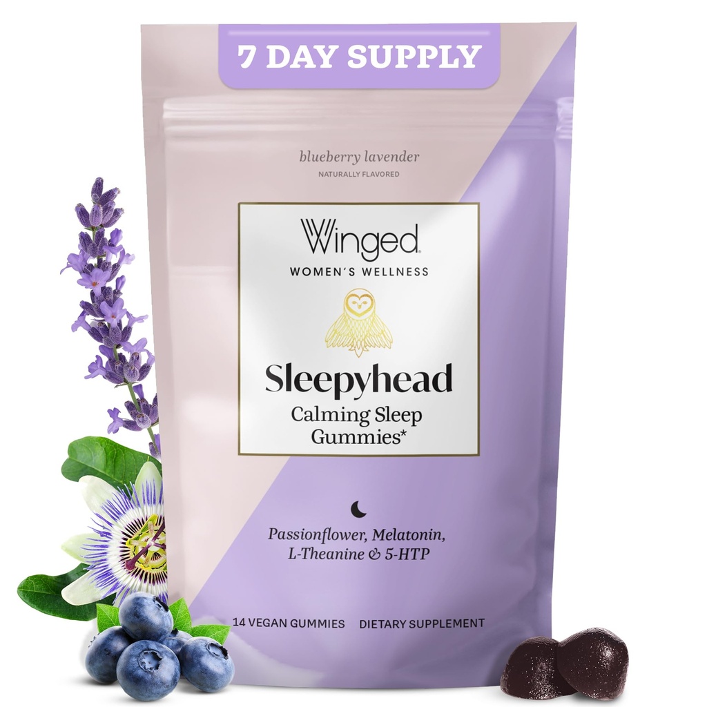 Winged Wellness Sleepyhead Natural Sleep Gummies for Women - Sleep Support Aid for Adults with 3mg Melatonin, L-Theanine, 5-HTP - Natural Gummy Supplement - Λεβάντα βατόμουρου, 14 Vegan Gummies