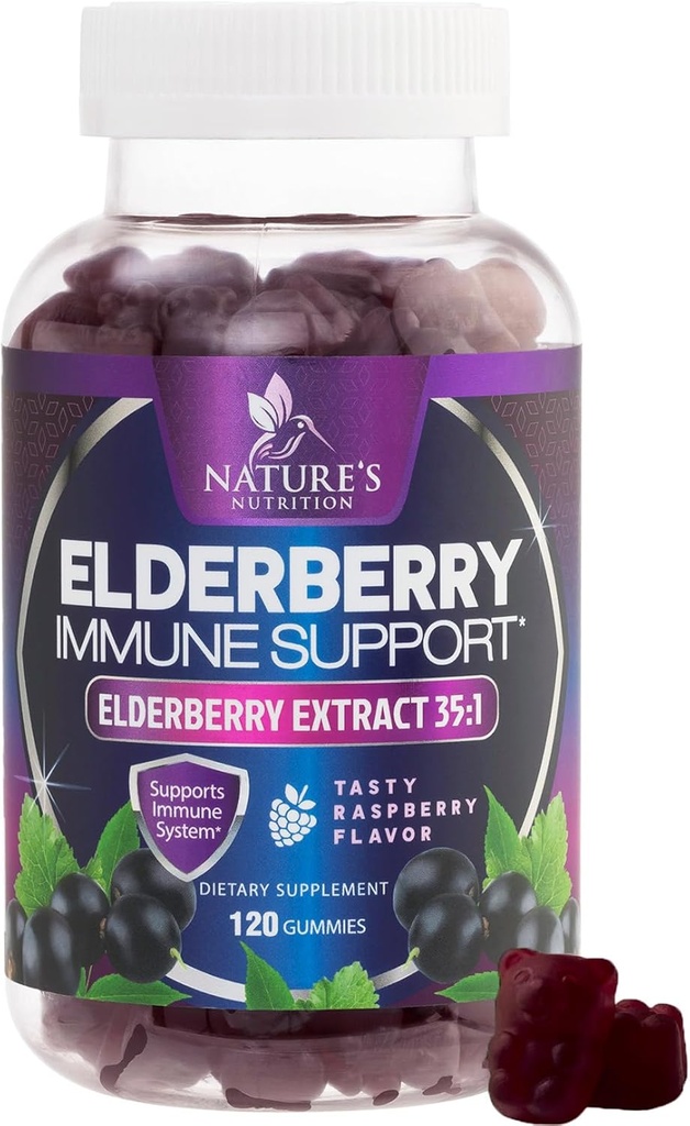Gummys Immune Support Elderberry - Super Concentred 35:1 Extract, Ισοδύναμο με 4200mg Elderberries - Sambucus Black Elder Berry Vitamin Supplement, Καθημερινή Υποστήριξη για Παιδιά & Ενήλικες - 120 Gummies