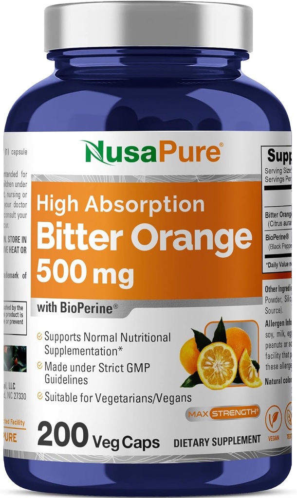 NusaPure Bitter Orange 500 mg 200 Veggie Caps (Vejetary, Non-GMO, Vegan) Bioperine