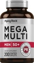 Piping Rock Multivitamin for Men Over 50+ | 200 Caplets | Mega 50 Plus Daily Multimineral | Magnezyum, Kalsiyum, çinko | Non-GMO, Gluten Free Supplement