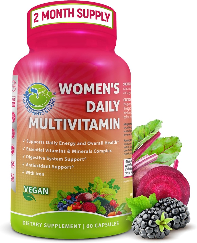 Women's Daily Multivitamin with Iron - Vegan Torchated Multivitamin for Women with Biotin, Organic Superfoods, Probiyotiks, B-Complex - Enerji, Gut & Optimal Health Support – Easy to Swallow Capsules